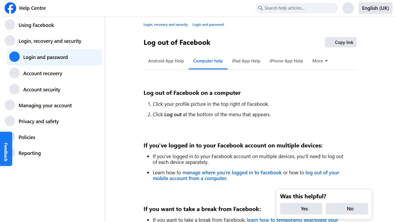 Log out of Facebook Facebook Help Centre