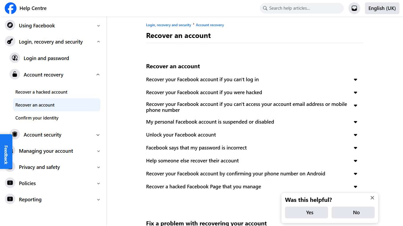 Recover an account Facebook Help Centre